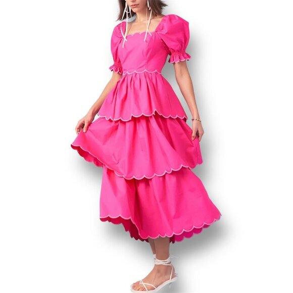 English Factory L Pink Scallop Tiered Maxi Dress Puff Sleeve Barbie Cottagecore - Picture 2 of 8